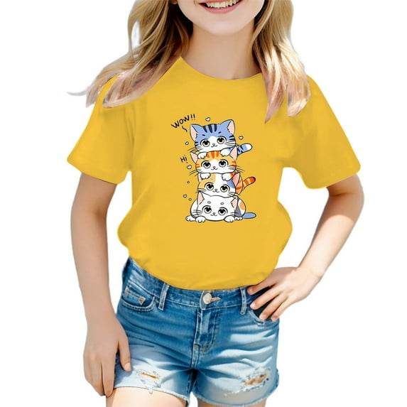 Shirts Girls Kid Leisure Graphic Round Neck Short Sleeved Fashion Summer Top Girls Tops Yellow 5 Years-6 Years