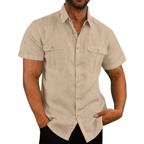 Shirts for Men Big And Tall Men's Trendy Vacation Plain Color Cotton Linen Double Pocket Casual Shirts Short Sleeves Mens T-Shirts Mens Tops Casual Mens T Shirt Graphic Beige,2XL