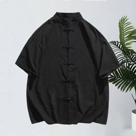 Shirts for Men Graphic Tees Men's Vintage Blouse Shirt Short Sleeve Stand Collar Knot Button Casual T-Shirt Lightweight Summer Linen Tops Daily Wear Black L