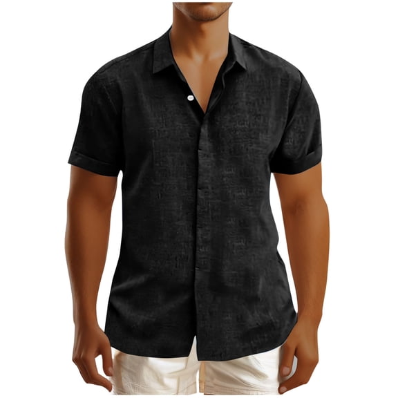 Wo-Fusoul Mens Shorts Men's Linen Short Sleeve Lapel Collar Button-Down Shirt, Solid Color Casual Wear Mens Shirts Short Sleeve