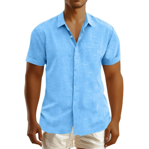 Wo-Fusoul Mens Shorts Men's Linen Short Sleeve Lapel Collar Button-Down Shirt, Solid Color Casual Wear Mens Shirts Short Sleeve