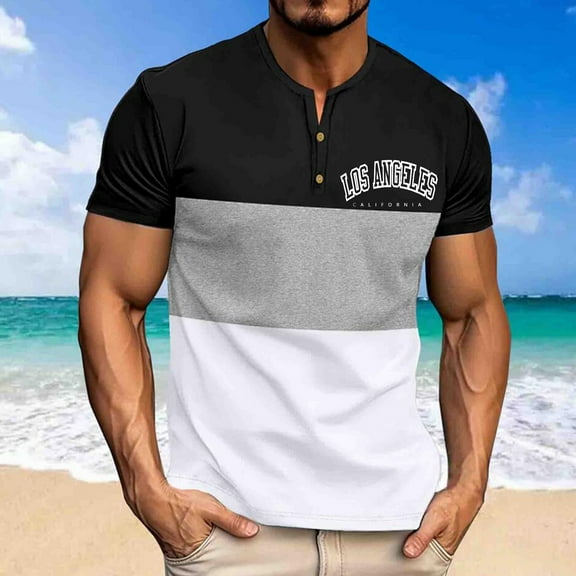 Shirts for Men Mens Fashion Casual Front Placket Basic Short Sleeve Henley T-Shirts Men Casual Round Neck Patchwork Pullover Fitness Sports Shorts Sleeves T Shirt Blouse Black 2XL