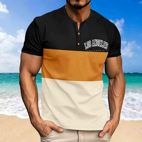 Shirts for Men Mens Fashion Casual Front Placket Basic Short Sleeve Henley T-Shirts Ndbuld Men Casual Round Neck Patchwork Pullover Fitness Sports Shorts Sleeves T Shirt Blouse Gold S