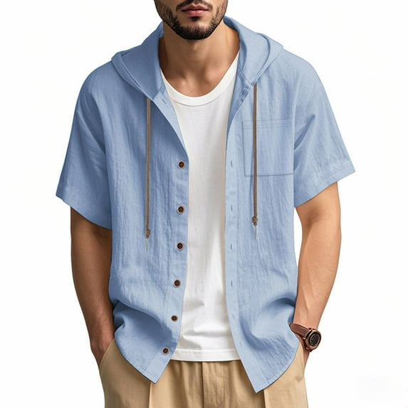 Shirts for Men Mens Shirts Casual Stylish Men Button Down Shirt Cotton Linen Shirt Men Man Casual Solid-Color Button Cardigan Pocket Short Sleeve Hooded Shirt