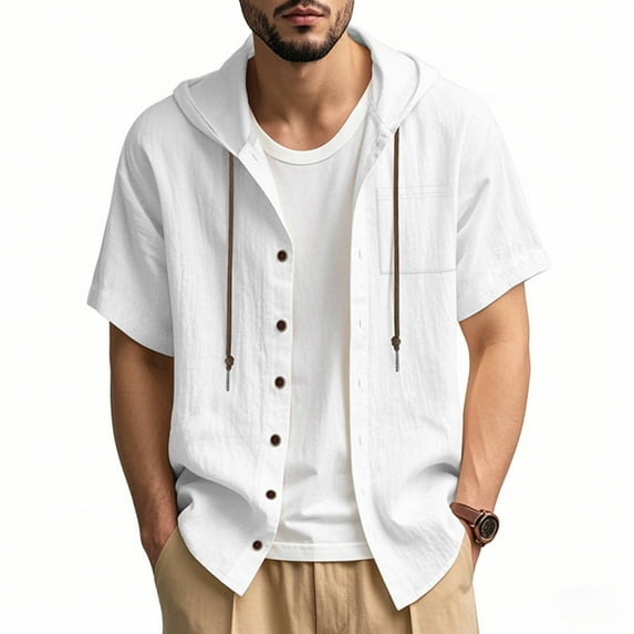 Shirts for Men Mens Shirts Casual Stylish Men Button Down Shirt Cotton Linen Shirt Men Man Casual Solid-Color Button Cardigan Pocket Short Sleeve Hooded Shirt