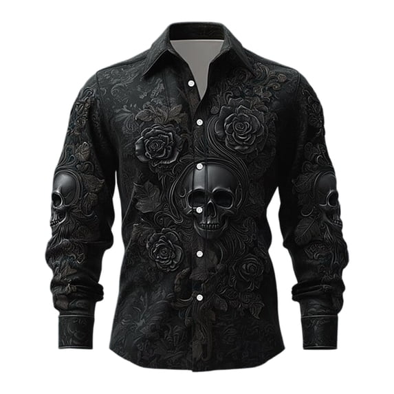 Shirts For Men Skeleton Flower Print Lapel Collar Button Down Halloween Short Sleeve Top Pattern Unpocketed Crew Neck Tee Casual Beach Summer Out Tops