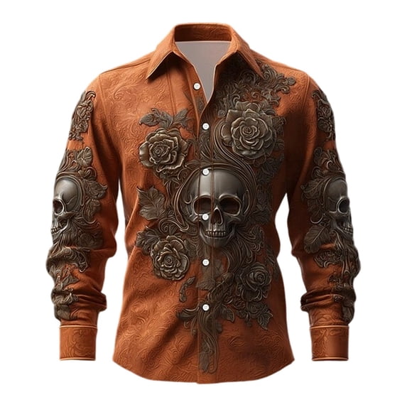 Shirts For Men Skeleton Flower Print Lapel Collar Button Down Halloween Short Sleeve Top Pattern Unpocketed Crew Neck Tee Casual Beach Summer Out Tops