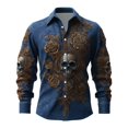 thumbnail image 1 of Shirts For Men Skeleton Flower Print Lapel Collar Button Down Halloween Short Sleeve Top Pattern Unpocketed Crew Neck Tee Casual Beach Summer Out Tops, 1 of 2