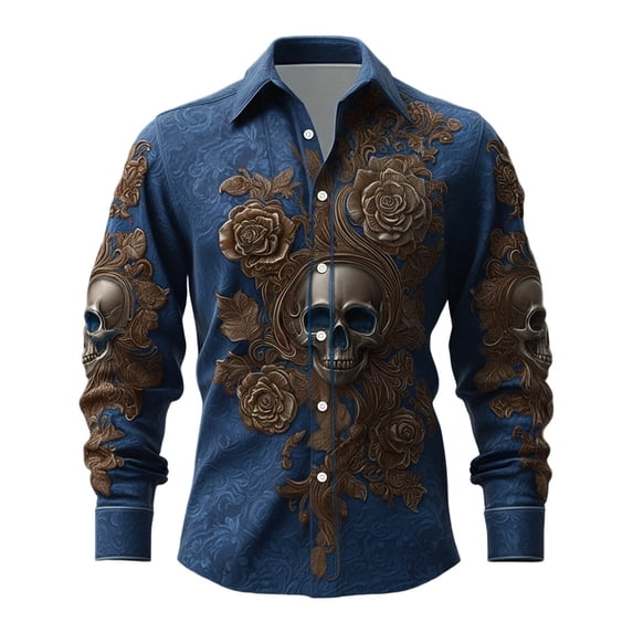 Shirts For Men Skeleton Flower Print Lapel Collar Button Down Halloween Short Sleeve Top Pattern Unpocketed Crew Neck Tee Casual Beach Summer Out Tops