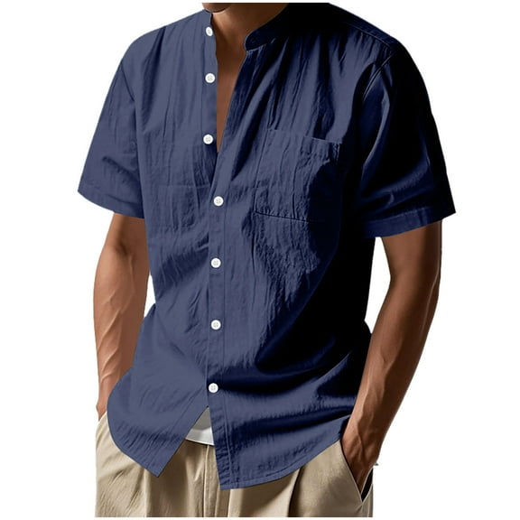 Shirts Men Solid Color Summertime Linen Casual Short Sleeve Button Stand-up Collar Pocket Shirt Indoor Activity Shirts for Men