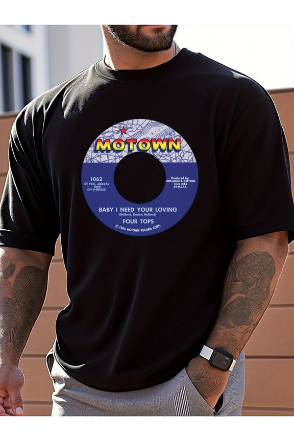 Shirts for Men, Suits for Men, Motown Record Print Men'S Casual T-Shirt, Loose Fit, Ideal for Music Lovers, Unique Design Adds a Fashionable Touch, Suitable for Daily And Outdoor Wear in Summer