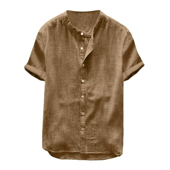 Shirts Solid Baggy Linen Long Sleeve Dress Shirts for Short Men Color Tops Men's Blouse Mens Slim Fit Button Down Shirts Long Sleeve Cotton T Short Sleeve Retro Men's BlouseKhaki (2PACK)