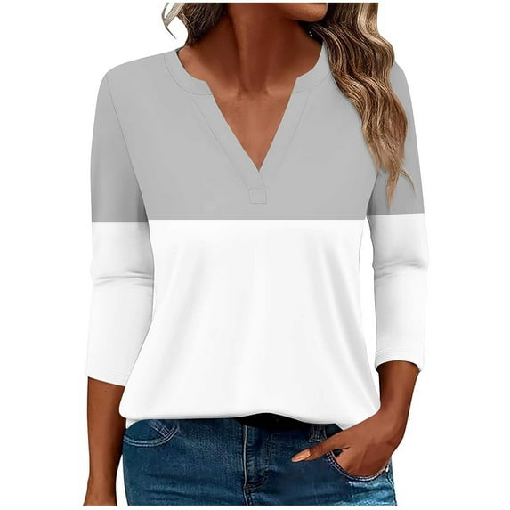 Shirts Top for Women Casual Loose Trendy Fall V Neck Floral Printed Striped Color Block Blouse 3/4 Sleeves Fitting Work Tops,Gray,M