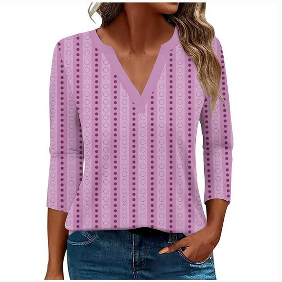 Shirts Top for Women Casual Loose Trendy Fall V Neck Floral Printed Striped Color Block Blouse 3/4 Sleeves Fitting Work Tops,Purple,2XL