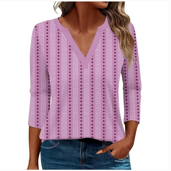 Shirts Top for Women Casual Loose Trendy Fall V Neck Floral Printed Striped Color Block Blouse 3/4 Sleeves Fitting Work Tops,Purple,XL