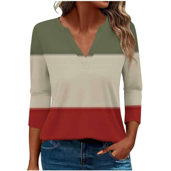 Shirts Top for Women Trendy Casual Loose Fall V Neck Floral Printed Striped Color Block Blouse 3/4 Sleeves Fitting Work Tops,Army Green 2,5XL
