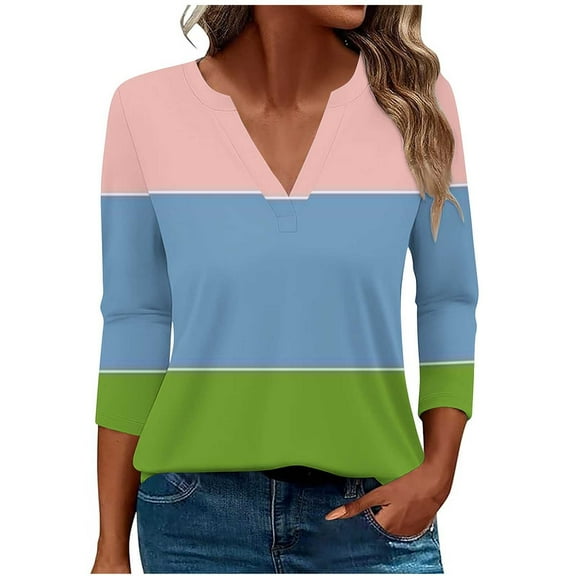 Shirts Top for Women Trendy Casual Loose Fall V Neck Floral Printed Striped Color Block Blouse 3/4 Sleeves Fitting Work Tops,Blue 2,S