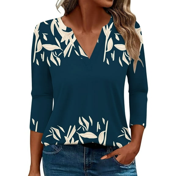 Shirts Top for Women Trendy Casual Loose Fall V Neck Floral Printed Striped Color Block Blouse 3/4 Sleeves Fitting Work Tops,Navy,XL