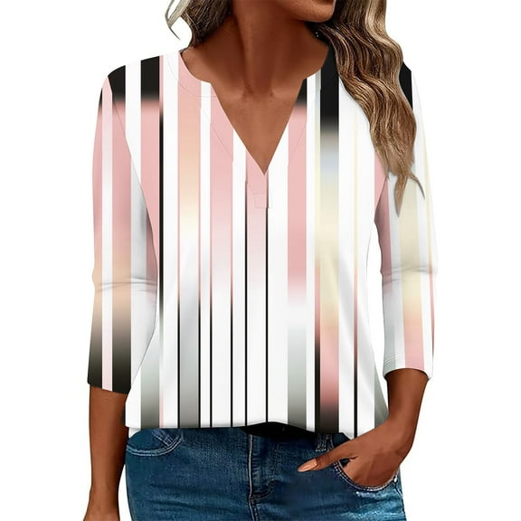 Shirts Top for Women Trendy Casual Loose Fall V Neck Floral Printed Striped Color Block Blouse 3/4 Sleeves Fitting Work Tops,Pink 3,S