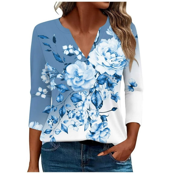 Shirts Top for Women Trendy Casual Loose Fall V Neck Floral Printed Striped Color Block Blouse 3/4 Sleeves Fitting Work Tops,Sky Blue,XL