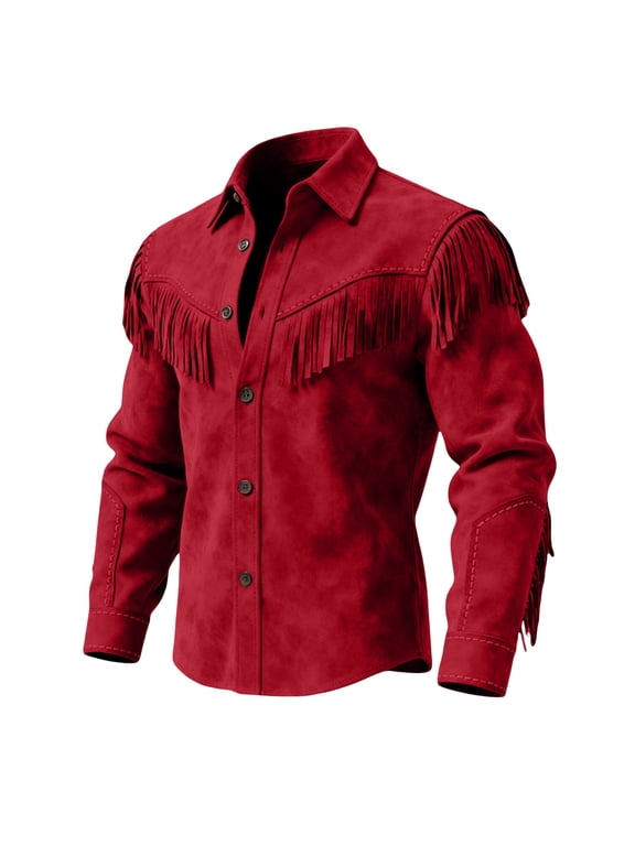 Shirts Tops Kids Western Fringe Shirt Long Sleeve Suede Style Button Down For Casual Theme Party And Daily Wear Kids Tees Retro Top For Young Boys Children Tops Red 130/(7-8 Years)