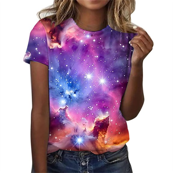Shirts for Women 3D Galaxy Print Glitter Short Sleeve Blouse Round Neck Graphic Tunic Polyester Spandex Soft Carnival Costume Casual Top Xl Size Spring Summer Womens Tops