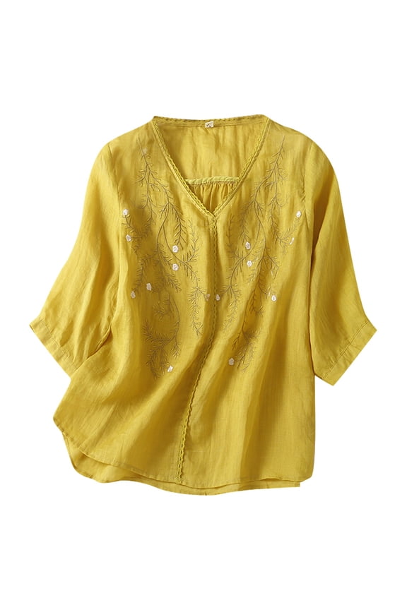 Shirts for Women Artistic Loose Fitting Thin Cotton and Linen Embroidered V Neck Five Quarter Sleeve T Shirt Cotton Linen Blend Summer Embroidered Top 2Xl Size Spring Summer Womens Tops
