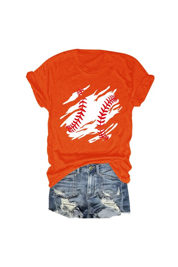 Shirts for Women Baseball Print Short Sleeve O Neck Tee Polyester Spandex Loose Casual Soft Lightweight Top for Spring Summer Daily Travel 3Xl Size Spring Summer Womens Tops