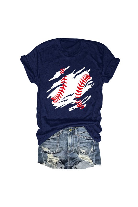 Shirts for Women Baseball Print Short Sleeve O Neck Tee Polyester Spandex Loose Casual Soft Lightweight Top for Spring Summer Daily Travel 3Xl Size Spring Summer Womens Tops