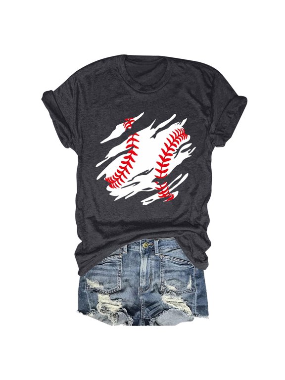 Shirts for Women Baseball Print Short Sleeve O Neck Tee Polyester Spandex Loose Casual Soft Lightweight Top for Spring Summer Daily Travel 3Xl Size Spring Summer Womens Tops
