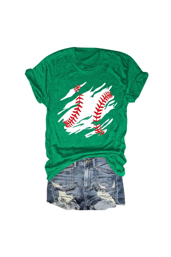 Shirts for Women Baseball Print Short Sleeve O Neck Tee Polyester Spandex Loose Casual Soft Lightweight Top for Spring Summer Daily Travel Xl Size Spring Summer Womens Tops