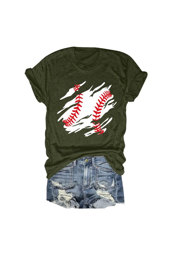 Shirts for Women Baseball Print Short Sleeve O Neck Tee Polyester Spandex Loose Casual Soft Lightweight Top for Spring Summer Daily Travel Xl Size Spring Summer Womens Tops