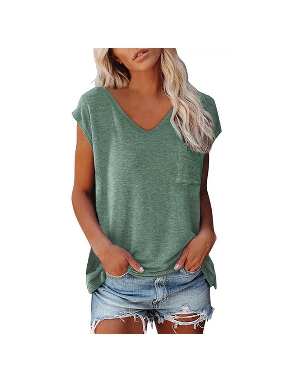 Shirts for Women Cap Sleeve Summer Casual Blouse V Neck Solid Color Loose Fit Shirt Soft Imitation Cotton Basic Top 2Xl Size Spring Summer Womens Tops