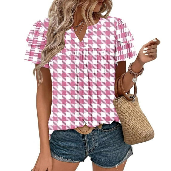 Shirts Women Casual Blouses for Women Casual Summer Shirt Women Blouse Tshirt for Women Trendy Tee Shirts Woman Spring Summer Casual Pleated Leaf Sleeve Vintage Printed Short Sleeved V-Neck Shirt