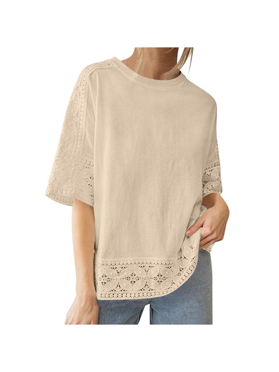 Shirts for Women Casual Cotton Linen T-Shirt Hollow Out Crochet Lace Trim 3/4 Sleeve Top Spring Summer Loose Fit Breathable Blouse L Size Spring Summer Womens Tops