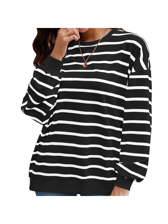 Shirts for Women Dressy Casual Sexy Winter Oversized Crew Neck Long-sleeved Dolman Cold Shoulder with Pocket Stripe Leisure Cotton Tunics Tops Pullover(Black,L)