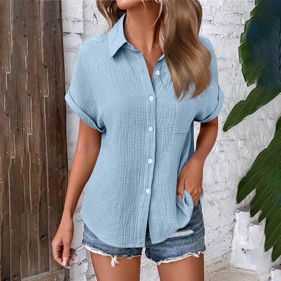 Xdegoge Shirts for Women Dressy Casual Work Blouses Short Sleeve Button Down Shirts Summer Fashion Tunic Tops Vacation Loose Fit Tshirts To This Address Ofertas Del Dia De Hoy Relampago