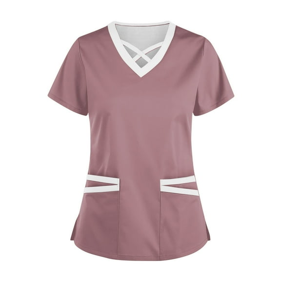 Shirts for Women Dressy Women's Fashionable V-Neck Short-Sleeved Work Clothes With Drawstrings And Pockets Color Matching Tops And Protective Clothing