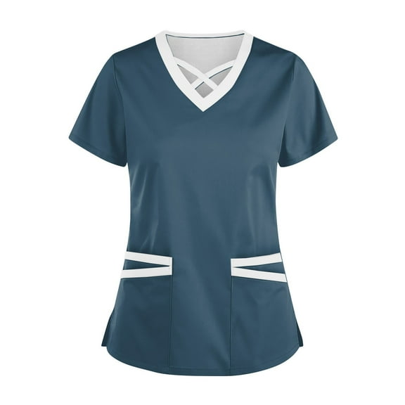 Shirts for Women Dressy Women's Fashionable V-Neck Short-Sleeved Work Clothes With Drawstrings And Pockets Color Matching Tops And Protective Clothing