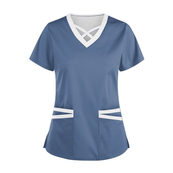 Shirts for Women Dressy Women's Fashionable V-Neck Short-Sleeved Work Clothes With Drawstrings And Pockets Color Matching Tops And Protective Clothing