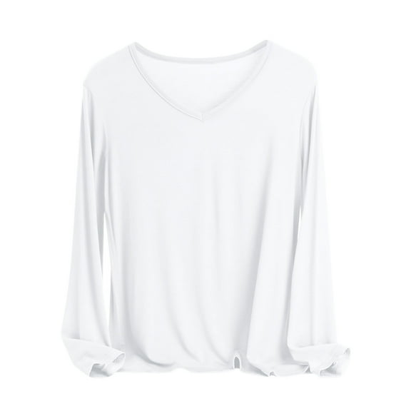 Wo-Fusoul Long Shirts for Women Women's Stylish V-Neck Solid Color Long Sleeve Base Layer Top, Comfortable for Layering & Daily Wear Long Sleeve Shirts for Women
