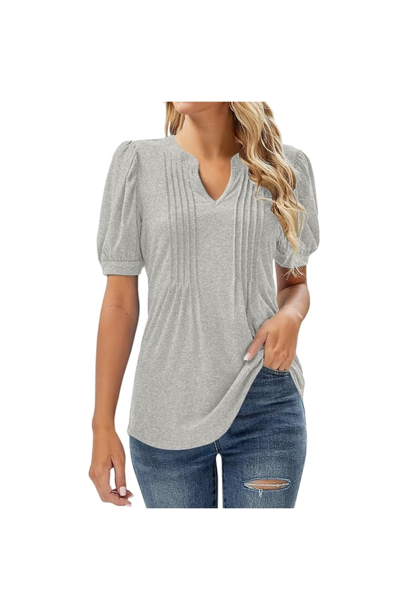 Shirts for Women Floral Printed V Neck Tunic Blouse Pleated Puff Short Sleeve Top Lightweight Polyester Spandex Rayon Blend Casual Shirt 2Xl Size Spring Summer Womens Tops