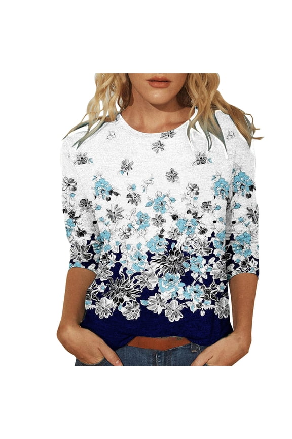 Shirts for Women Flower Print Round Neck T Shirt 3/4 Sleeve Loose Casual Soft Lightweight Polyester for Spring Summer L Size Spring Summer Womens Tops