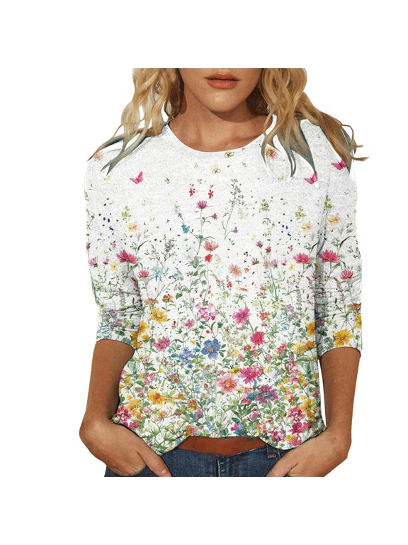 Shirts for Women Flower Print Round Neck T Shirt 3/4 Sleeve Loose Casual Soft Lightweight Polyester for Spring Summer L Size Spring Summer Womens Tops
