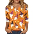 thumbnail image 1 of Shirts for Women Halloween Funny 3/4 Sleeve Pullover Spooky Ghost Witch Hat Printed Tops Horror Button V Neck T Shirts Holiday Three Quarter Length Blouses, S, 1 of 5