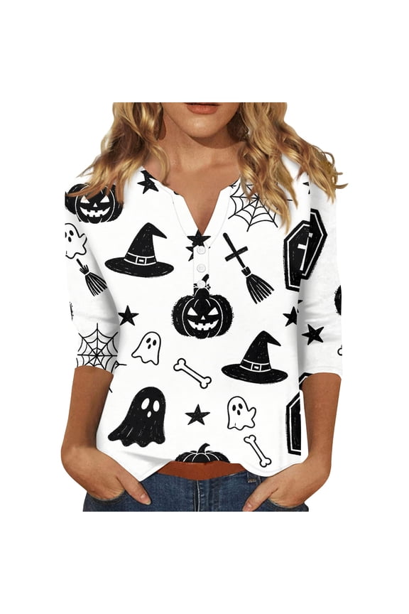 Shirts for Women Halloween Funny 3/4 Sleeve T Shirts Horror Pumpkin Witch Hat Printed Pullover Spooky Button V Neck Tops Holiday Three Quarter Length Blouses, 3XL