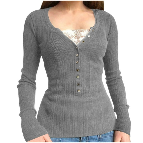 Shirts for Women Knit Ribbed Pullover Tops V Neck Lace Tshirt Long Sleeve Half Button Blouse Elegant Slim Fit Shirt Plain Classic Blouses Fashion Outfits Going Out Top