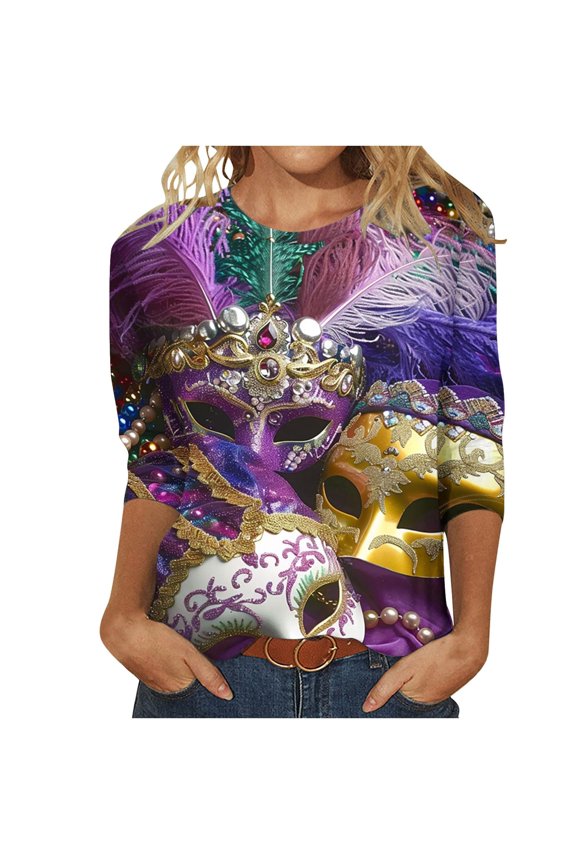 Shirts for Women Mardi Gras Carnival Themed Graphic 3/4 Sleeve Tunic Top Polyester Spandex Crewneck Casual Blouse for Summer Autumn Daily L Size Spring Summer Womens Tops