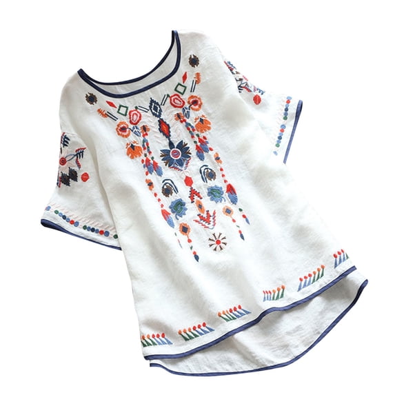 Shirts for Women National Style Retro Embroidery T Shirt Round Neck Cotton Loose Short Sleeved Casual Polyester Top 3Xl Size Spring Summer Womens Tops