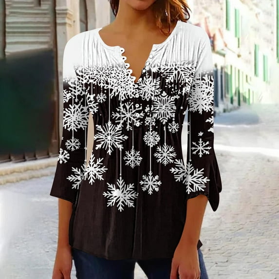 Shirts for Women Plus Size Christmas Long Sleeved Tunic Printed Casual V-neck Pullover Flowy Tunic Top Pleated Casual Blouses Loose Fit Dressy,Tops for Women Black XL